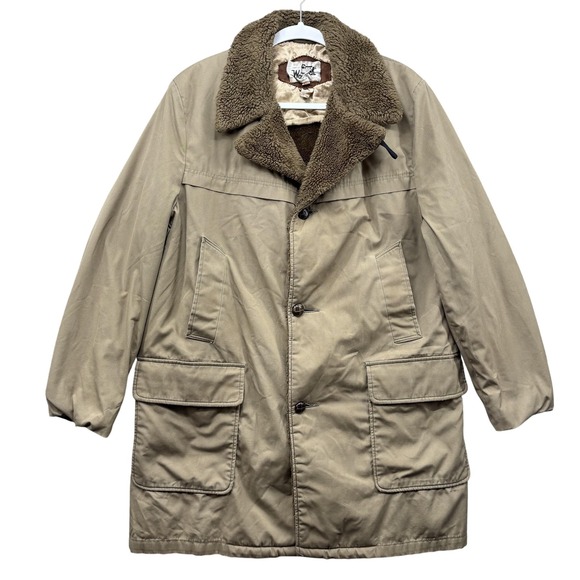 Vintage Woolrich Coat Mens 42 Tan Sherpa Lined Pile Collar Parka Jacket 80s - Picture 1 of 11